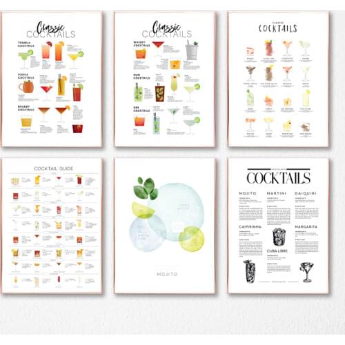 Classic Cocktails Guide Recipe Poster Canvas Painting Kitchen Wall Art Decor Cocktail Lover Gift Prints Bar Pub Wall Pictures