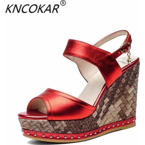 KNCOKAR 2018 Summer new real leather upper and outer leather high wedge and waterproof platform sandals34-39
