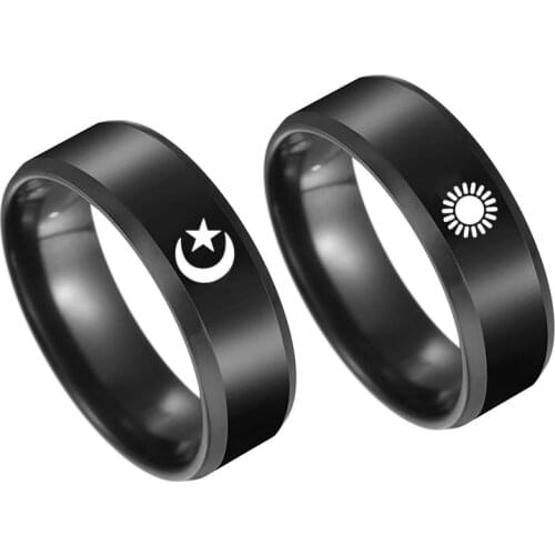 MANGOSKY 8mm Titanium Stainless Steel Ring Sun Moon Star Islam Religious Couples Rings Power Lovers Jewelry