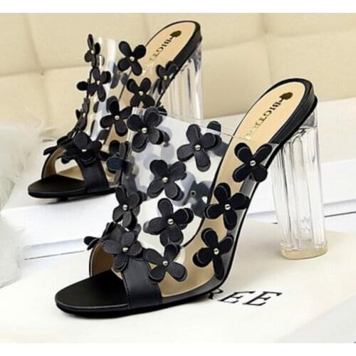 2020 summer flower fairy transparent crystal with chunky heels and the word flower sweet sandals