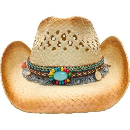 LUCKYLIANJI Womens Mens Summer Straw Beach Cowboy Western Cowgirl Fedora Hat Hollow Tassel Turquoise Leather Band (58cm )