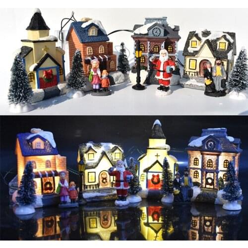 10pcs Set Resin Christmas Scene Village Snow Houses Town Led Home Ornament Accessories Holiday Birthday Gift for Girls