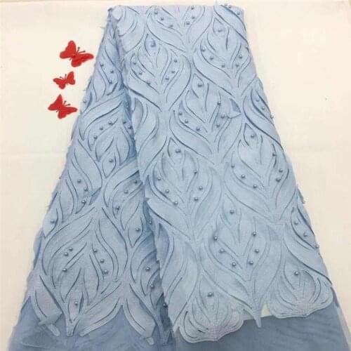 Latest red nigerian laces 2019 african french lace fabric high quality With beads lace fabric for wedding dress sky blue