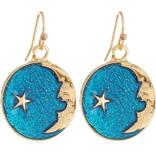 New Fashion Geometric Round Blue Enamel Earrings Exquisite Creative Earth Star Moon Round Earrings for Women Jewelry Duftgold
