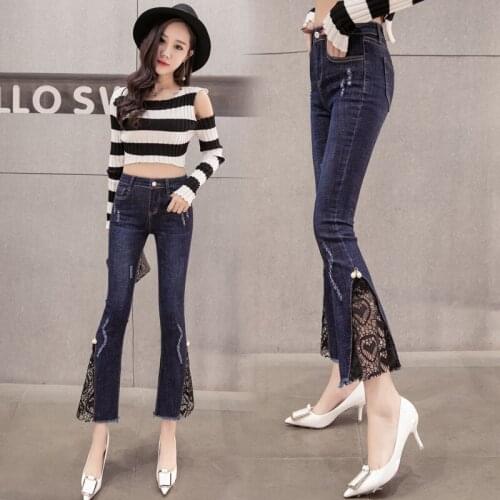 Spring and summer new products fashion European and American womens jeans slim stretch lace cropped flared pants
