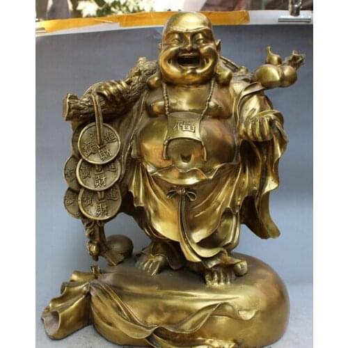 Wholesale factory 18" Chinese Brass Buddhist Wealth Happy Laughing Maitreya Buddha On Bag Statue AE1024 AB1025