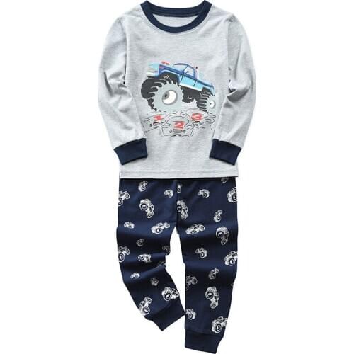 Gray Autumn Cartoon excavator car vehicle pajamas home suit long-sleeved Cotton boy sleep clothes kids pajamas for boys 2-8 year