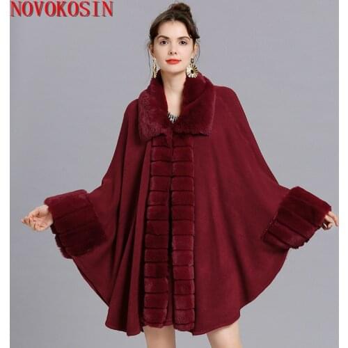 SC407 7Color 2019 Winter Warm Big Striped Fur Rabbit Turndown Collar Cloak Women Cardigan Faux Fur Cape Knitted Fur Sleeves Coat
