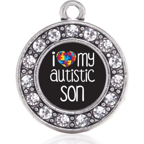 Stylish Factory Wholesale Crystal Round Shape I Heart My Autistic Son Charms Raise Awareness Puzzle Piece Autism Pendants