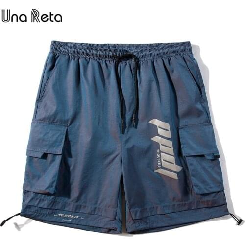 Una Reta Thin Summer Shorts Men New Streetwear Elastic Waist Knee Length Hip Hop Reflective Printed Loose Shorts For Men
