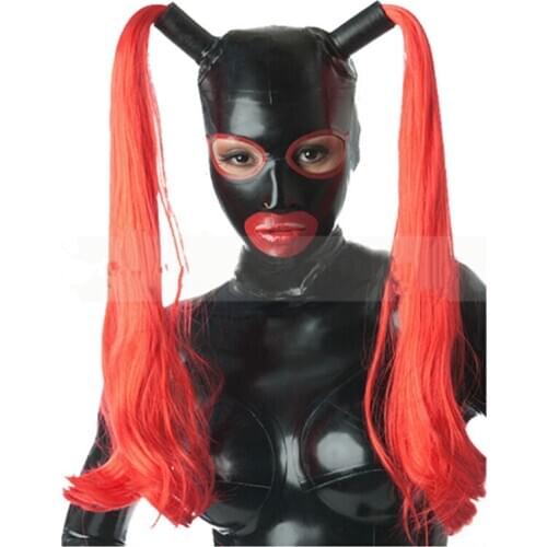 Top Grade Sexy Latex Handmade Women Hoods with Two Red Tress Wig Hair Fetish Mask Heroine Headgear Zentai Cosplay