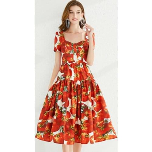 Runway Bohemian Tomato Red Flower Midi Dress Vintage Womens Square Collar Short Sleeve Slim Backless Dress 2021 Summer