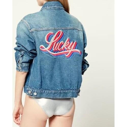 Women Denim Jacket Back Letter Embroidery Turn-Down Collar Single Breasted Long Sleeve Casual Coat Outwear Tops for 2021 Autumn