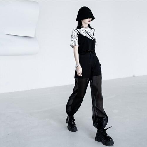 Black Casual Pockets Spliced Mesh High Waist Trousers Loose Fit Full Pants Women Fashion Tide Spring Summer 2021 Z670