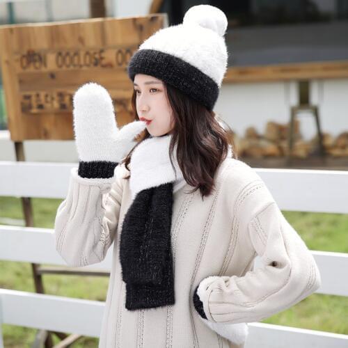 Knitted Winter Pompom Hat Scarf Gloves Set Women Thicken Warm Hat Glove Ball Beanies Hat High Quality Soft Scarf For Girls Gift