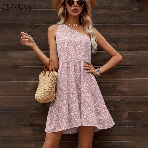 Sexy one shoulder mini dress women summer sleeveless strapless floral print beach dresses casual 2021 fashion womens clothing