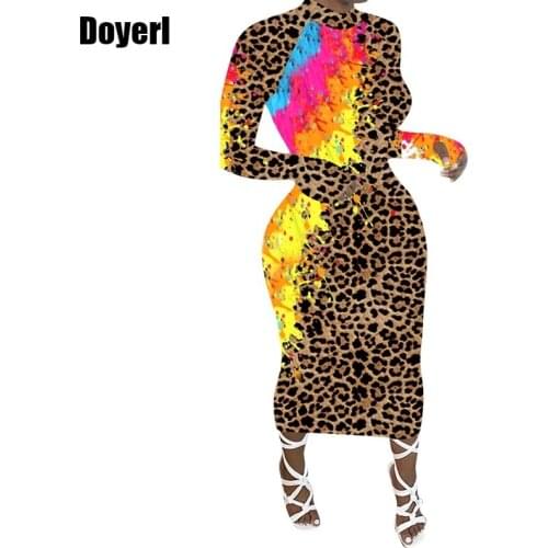 Long Sleeve Bodycon Bandage Dress Women Autumn Winter Leopard Print Casual Midi Dress Elegant Sexy Club Party Dress Vestidos