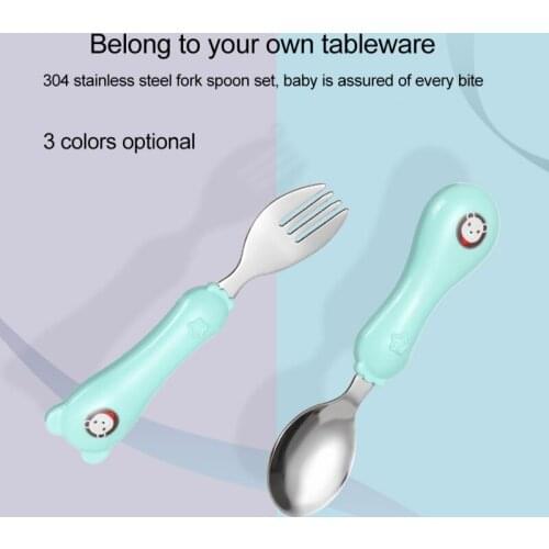 2Pcs/Set Child Toddler Cute Cartoon Cutlery Stainless Fork Spoon Infant Baby Feeding Utensils