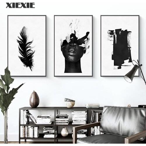 Abstract Figure Feather Canvas Painting Black and White Wall Art Posters Prints Picture Gallery Living Room Interior Home Decor
