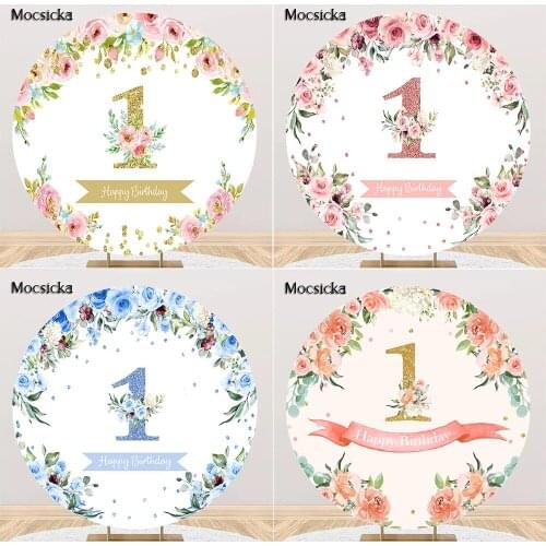 Round Floral Kids 1st Birthday Party Backdrop Decorations Flowers Circle Girls Custom Birthday Cake Smash Background Photography