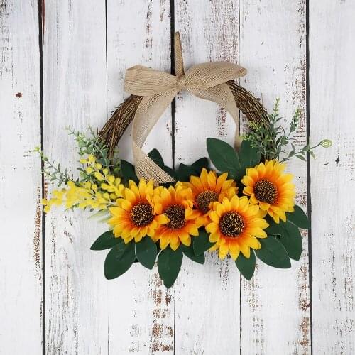 26CM Artificial Sunflower Wreath Summer Front Door Decorative Fake Flower Wreath DIY Hanging Wreath Craft Party Home Decoration