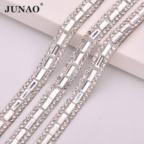 JUNAO 5 Yard*8mm Clear Hotfix Glass Rhinestones Trim Chain Crystal Ribbon Fabric Bridal Applique Strass Diamond Banding Crafts