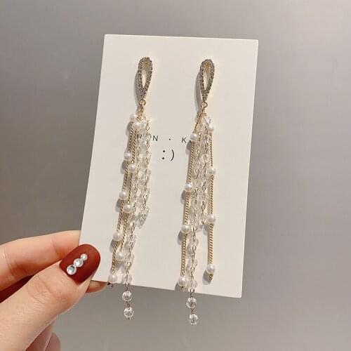 Korean Dongdaemun Fashion Crystal Earrings Temperament Long Pearl Tassel Earrings Net Red Earrings Women