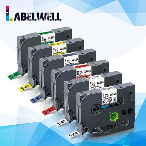 Labelwell 6PK tze-221 tze 211 laminated tze tape tze-121 tze-421 tze-521 tze-621 9mm*8m for Brother P-Touch label maker tze221