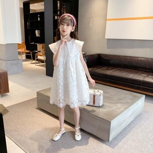 2021 Summer Dress Girl White Sleeveless Princess Dress Elegant Mesh Kids Dresses for Girl Childrens Clothing 6 8 10 12 14 16Y