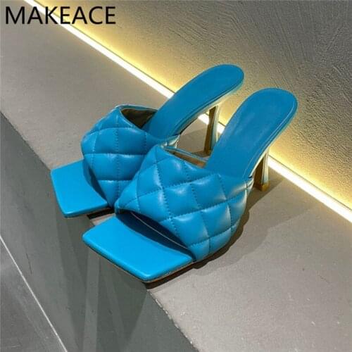 Summer Women Slippers Rhombus Leather Mules High Heels Classic Square Toe Shoes Woman Candy Color Runway Party Women Sandals