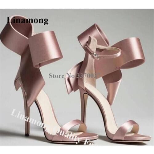 Linamong Elegant Satin Bowtie Stiletto Heel Gladiator Sandals Pink Red White Ankle Strap High Heel Sandals Formal Dress Heels