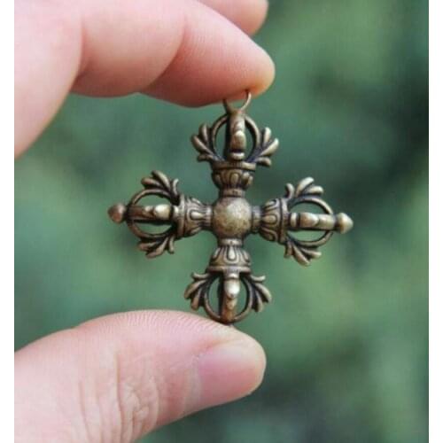 Copper Statue 4.5CM Tibet 100% Pure Bronze 4 Petal Dorje Vajra-pest Amulet Pendant Necklace