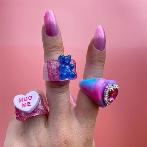 Fashion Retro Color Jewelry Cut Punk Acrylic Boho Square Rings for Women Bear Vintage Womens Ring Gothic Accessories