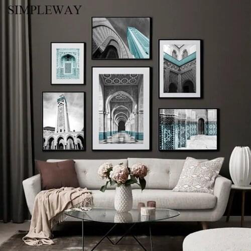 Islamic Architecture Landscape Wall Painting Moroccan Door Art Print Muslin Canvas Poster Modern Home Decorationation Picture