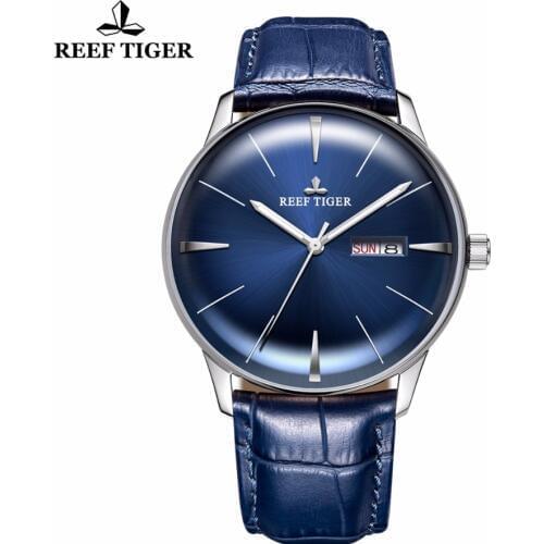 Reef Tiger/RT Dress Mens Watch Convex Lens Watches Blue Dial Steel Genuine Leather Strap Automatic Analog Watches RGA8238