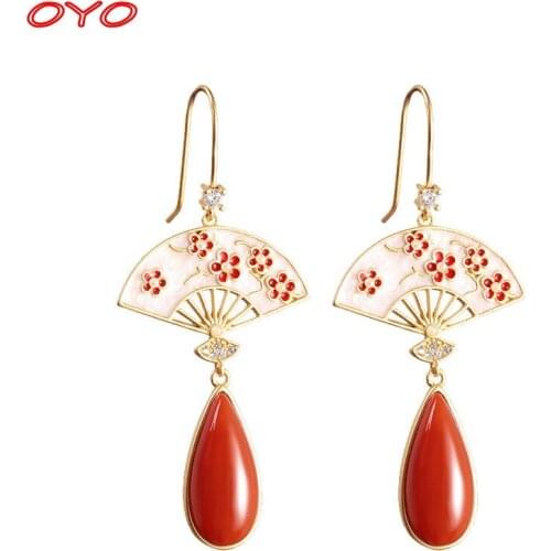Real s925 sterling silver jewelry fashion ladies water drop fan-shaped southern red earrings