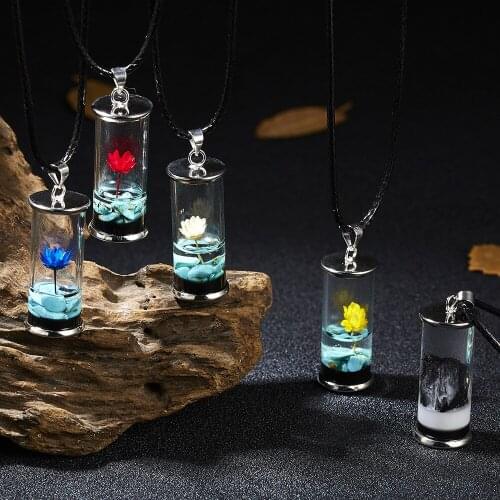 Handmade Dried Flower Necklace Glass Pendant Leather Chain Boho Long Statement Necklaces Summer Jewelry for Women