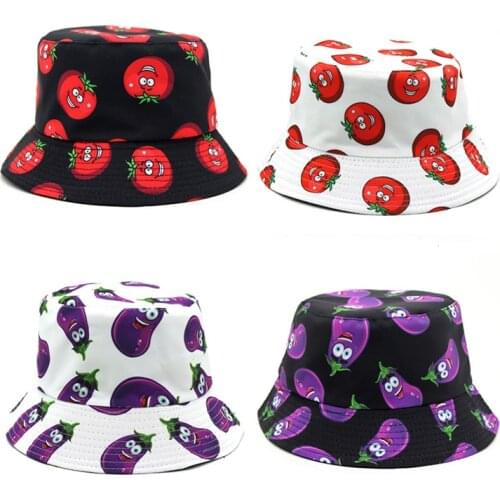 2021 Hot Jelly Eggplant Printed Bucket Hat Creative Tomato Two Side Reversibale Panama Hats for Girls Boys Women Summer Sunhat