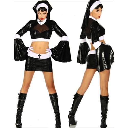 Hot Adult Nun Costume Sexy Women Cosplay Halloween The Virgin Mary Faux Leather Uniform Party Female Fancy Dress