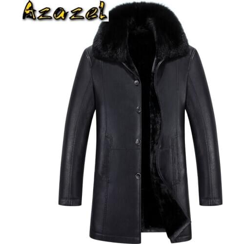 Russian Winter Warm Fleece Trench Coat Men Plus Size 4XL Removable Fur Collar Mens Sheepskin Jacket and Coats With Wool Velvet