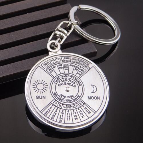 Silver Color 50 Years Super Perpetual Calendar Key Chains Rings Astrology Keychains Car Bag Pendant Keyring Holder Gift Jewelry