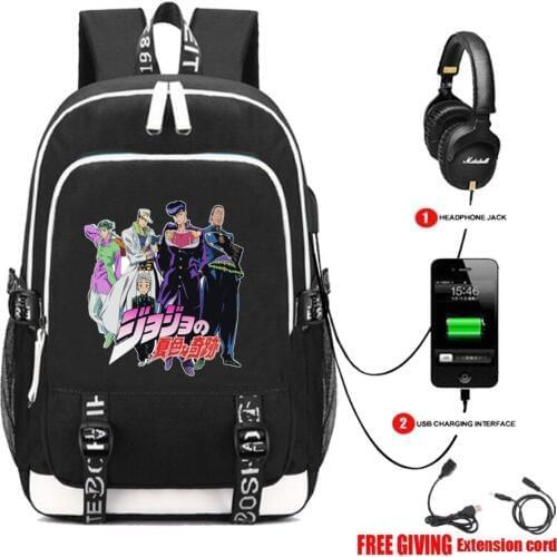 USB Charge Headphone Jack Teenagers School Bags Laptop Travel Backpack Shoulder Bags anime JoJos Bizarre Adventure backpack