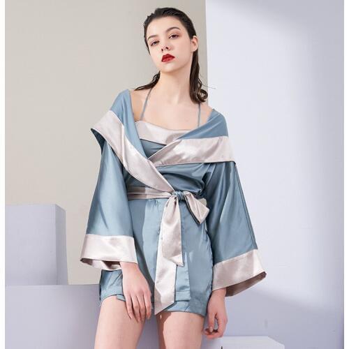 Spring Summer Sexy Dress Retro Silk-like Sling Robe Piece Sleep Set Solid 2 Piece Sleepwear Home Robe Set Women Luxury Robe Set