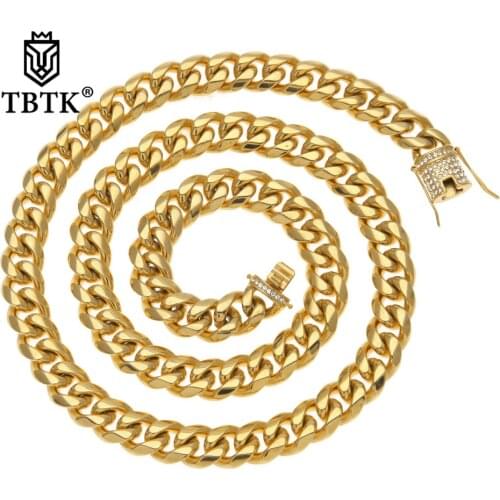 TBTK Luxury Heavy Cuban Link Chain Iced Out Rhinestones Triple Lock Stainless Steel Long Necklace Men Hiphop Jewelry