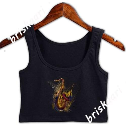 Orange Grunge Paint Saxophone Crop Top For Girl Spring Letter Formal Custom Round Collar Fitness Tops Female Vest
