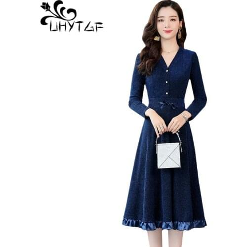 UHYTGF evening party dresses fashion Single-breasted V-neck pullover spring dress women Long-sleeved casual women long dress1396