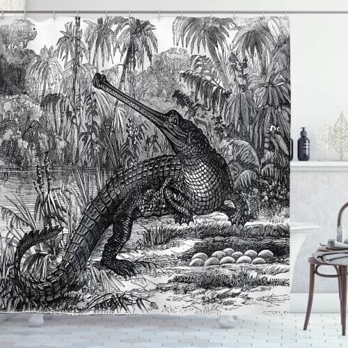 Vintage Shower Curtain Old Fashion Sketch of a Crocodile in Forest Wildlife Nature Woods Fossil Picture Bathroom Decor Set