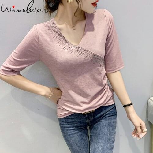 Summer European Style T-Shirt Solid Fashion Sexy V-Neck Shiny Diamonds Drape Women Tops Half Sleeve All Match Tees New T16204A