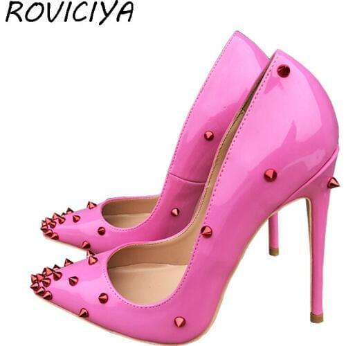 12cm Stilettos Rose Rivet Woman Extreme High Heels 8cm 10cm party Wedding Shoes Women Pumps Pointed Toe Sexy MD018 ROVICIYA