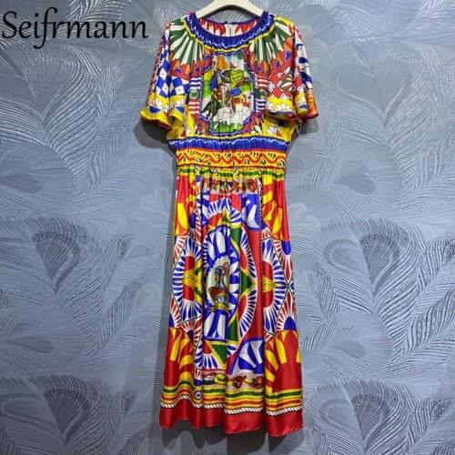 Seifrmann New 2021 Summer Women Fashion Designer Long Dress Butterfly Sleeve High Waist Vintage High Quality Real Silk Dresses